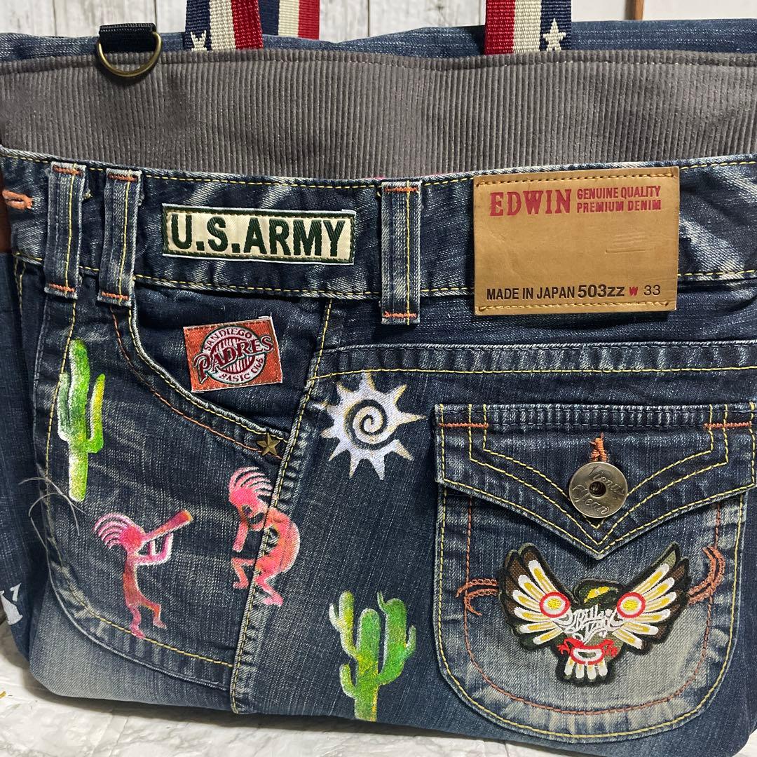 No.544 デニムリメイクバッグ　肩掛けトートバッグ　キャットインディアン