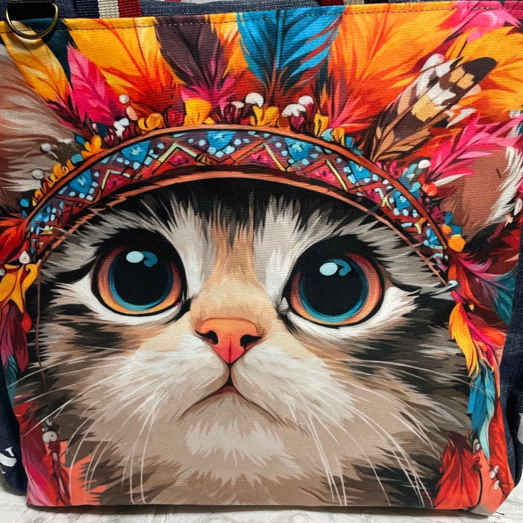 No.544 デニムリメイクバッグ　肩掛けトートバッグ　キャットインディアン