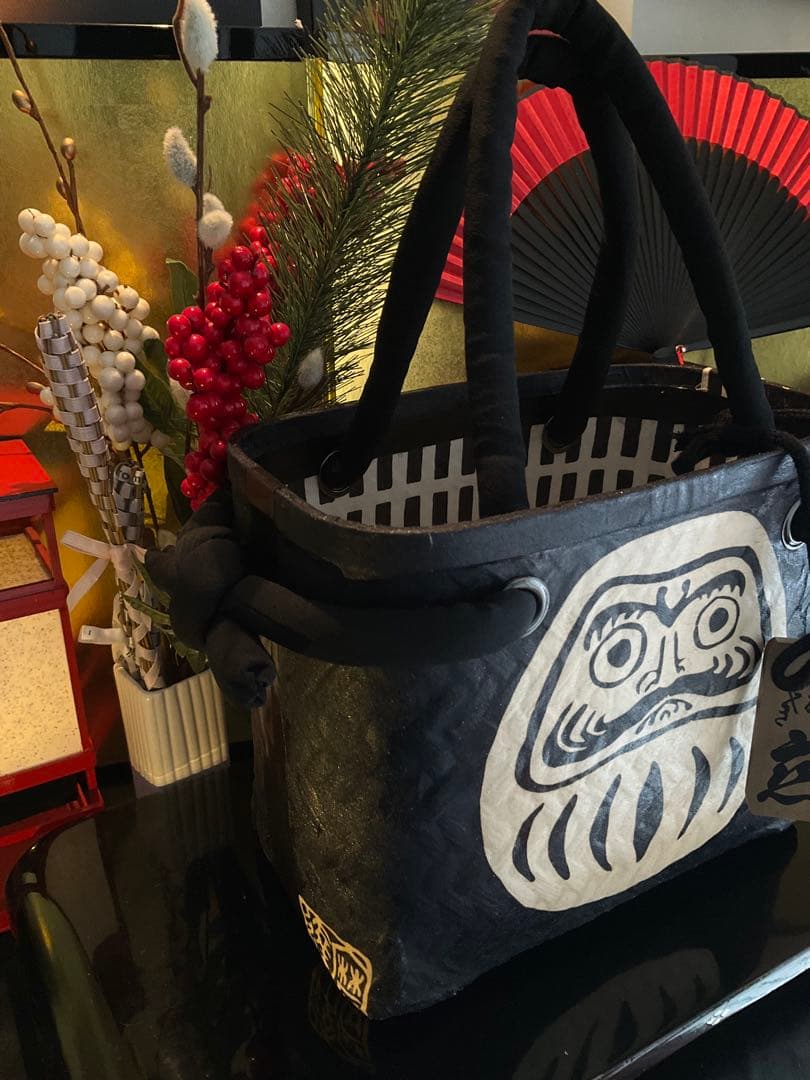 一閑張り　一閑張りバッグ　達磨　福達磨　和紙　大正　着物　縁起達磨　格子