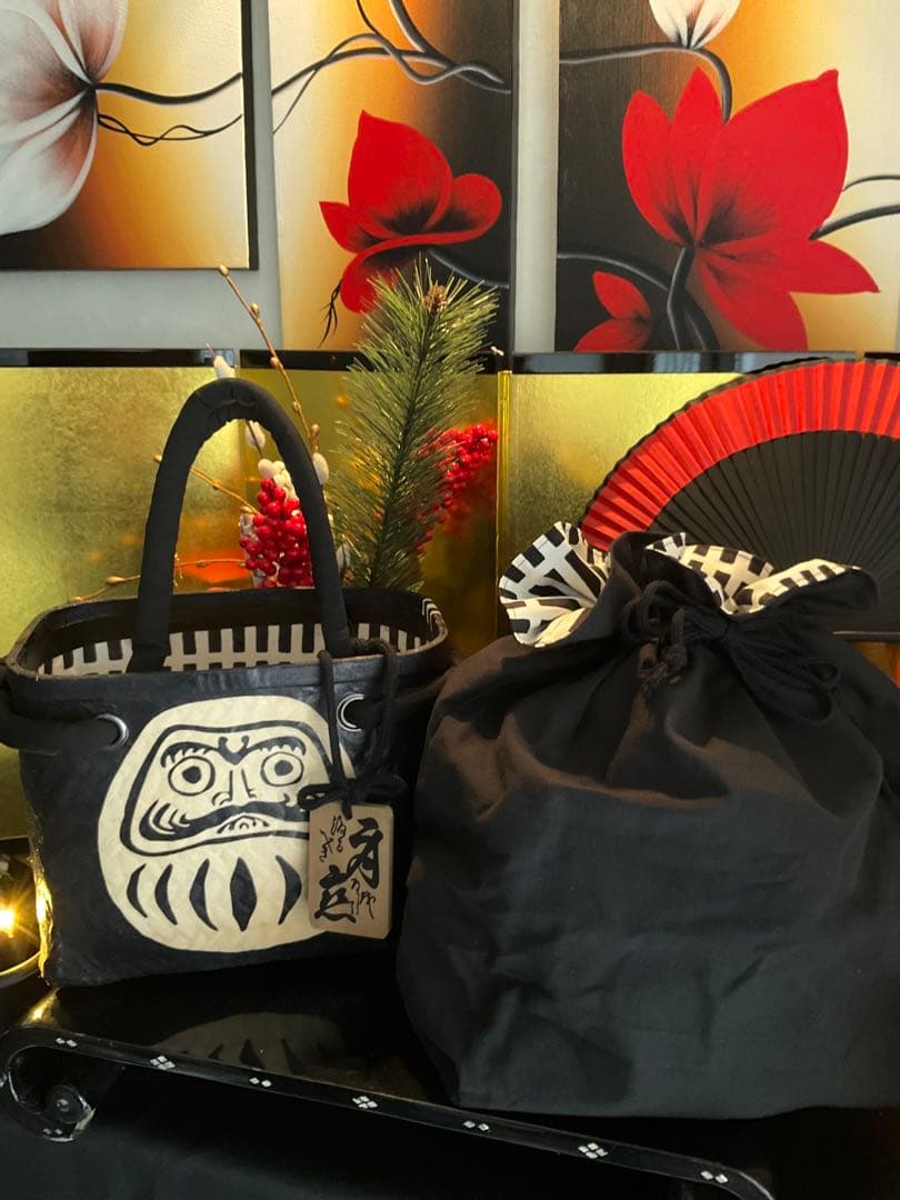 一閑張り　一閑張りバッグ　達磨　福達磨　和紙　大正　着物　縁起達磨　格子