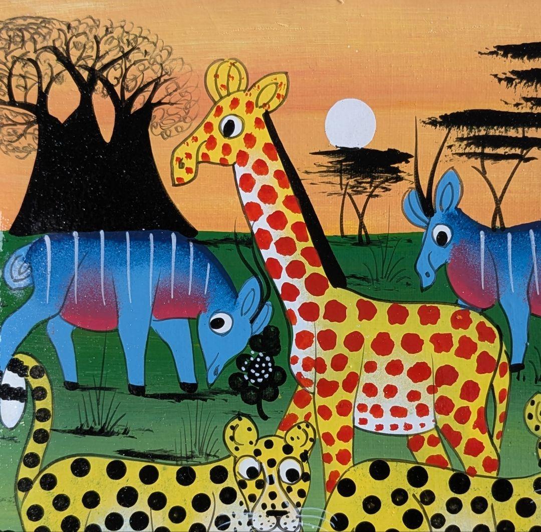 ●アフリカの絵画、ティンガティンガ、夕日とバオバブ、20×20cm