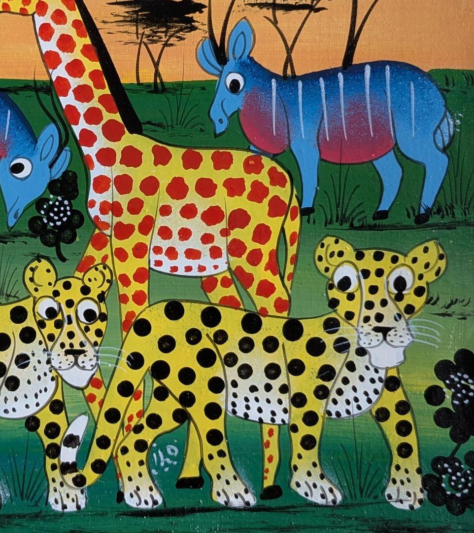 ●アフリカの絵画、ティンガティンガ、夕日とバオバブ、20×20cm