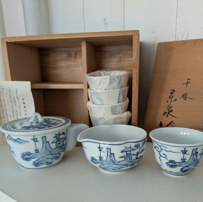染付山水絵　煎茶器揃　平安京泉作　京焼　清水焼