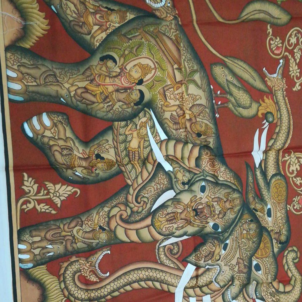 ミャンマー　パガン　布に描かれた仏教絵画　象