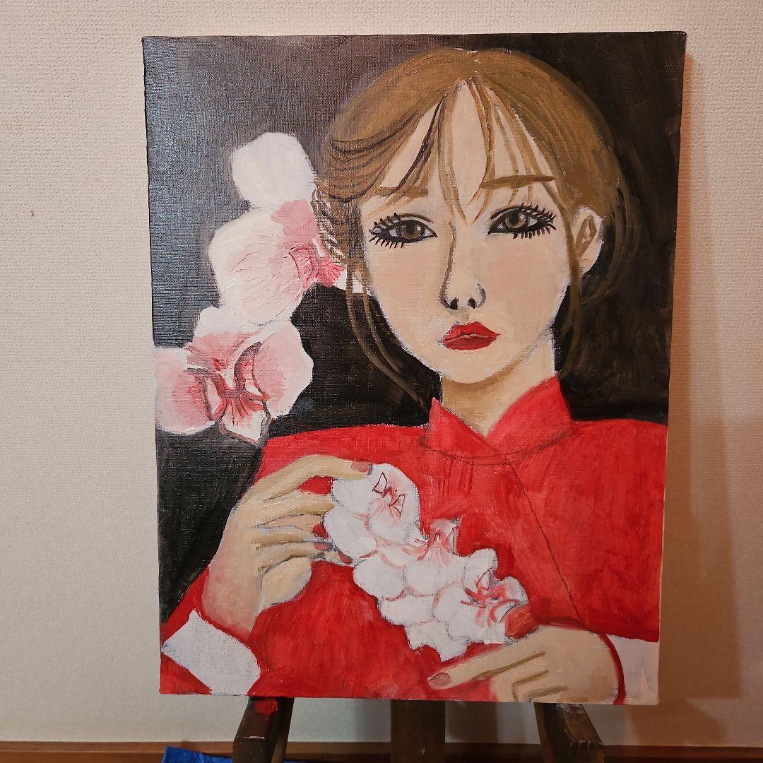 女性の油絵　赤い服