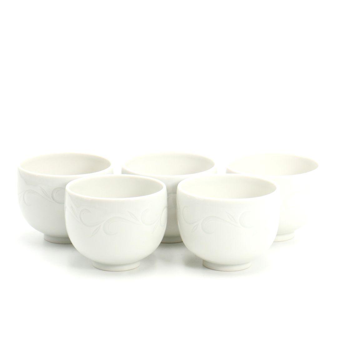 林敏夫作 白磁唐草文湯呑 五客 板谷波山弟子 茶碗 煎茶道具　C695　DD