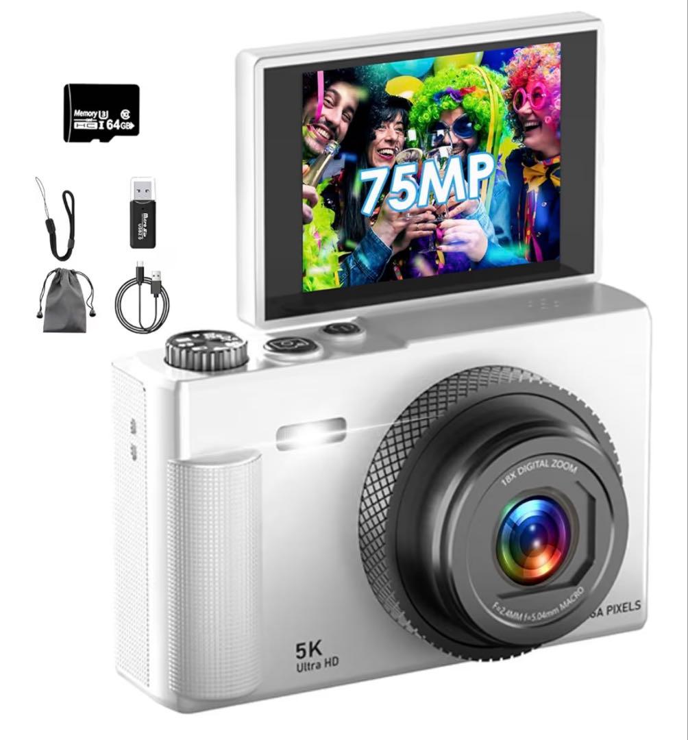 5K高画質デジタルカメ　7500万画素　18倍ズーム自撮り対応　手ブレ補正　動画