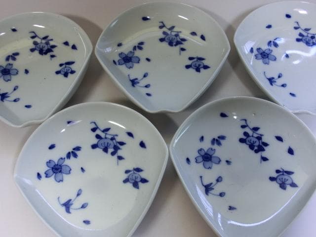 小皿■増田特製 染付桜紋 花絵 扇型貝型皿 5枚 古美術 時代物 骨董品■