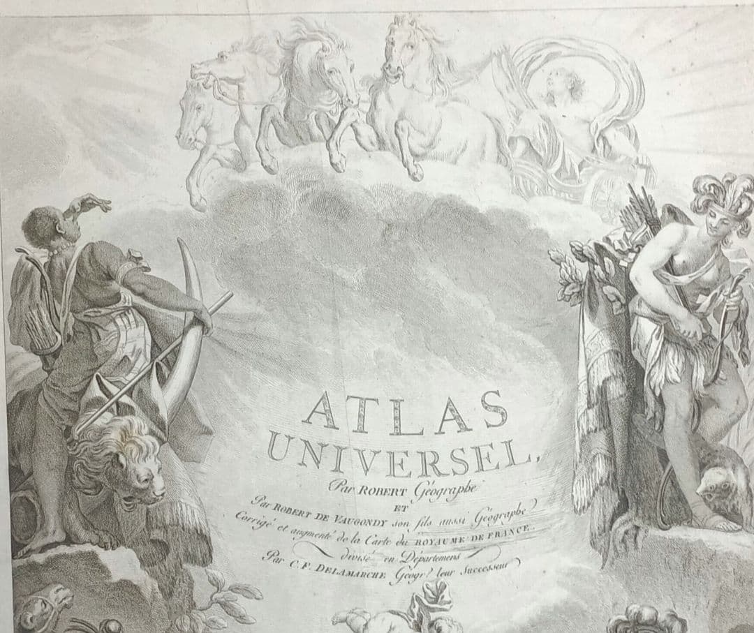 額装品　18世紀　R.ボーゴンディ　「地図帳の扉絵」　大型作品　稀少　版刻精緻