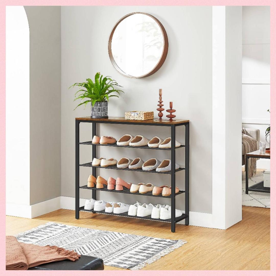 木製天板のヴィンテージ調オープンシューズラック