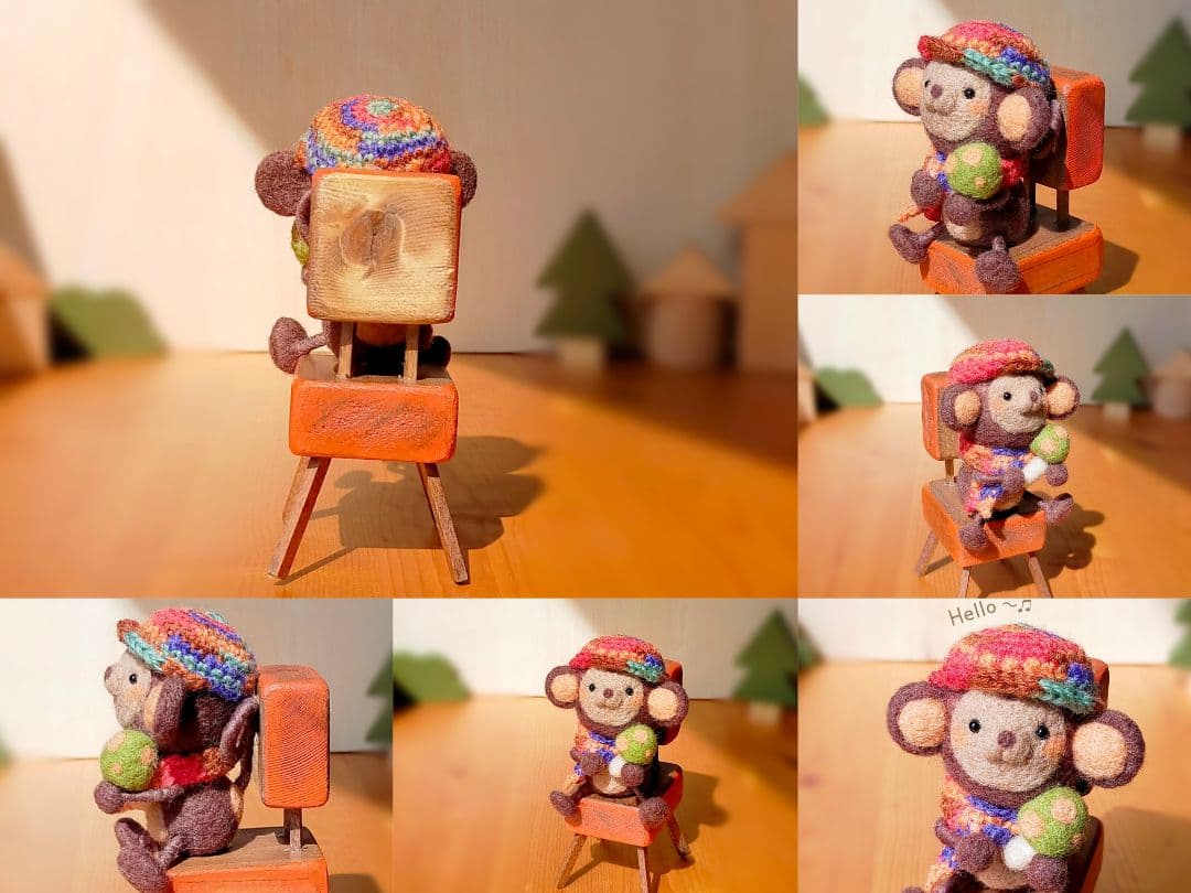 ✿羊毛フェルト✿ちっこいイスとおさるさん✿きのこ✿オレンジ✿