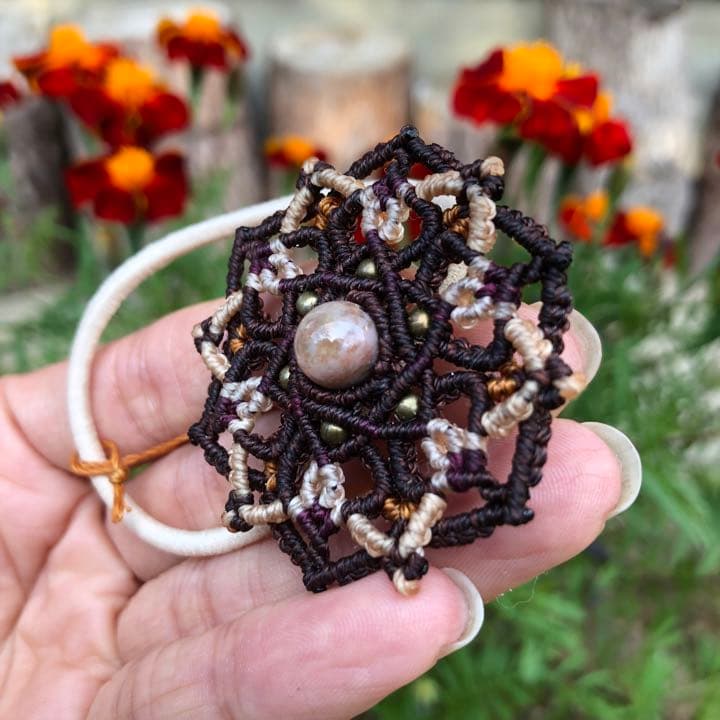 天然石【アゲート】六芒星の曼荼羅ヘアゴム ブラウン×ワインレッド×キャメル