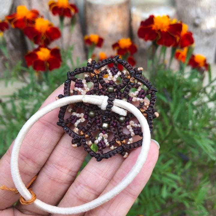 天然石【アゲート】六芒星の曼荼羅ヘアゴム ブラウン×ワインレッド×キャメル