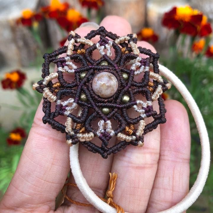 天然石【アゲート】六芒星の曼荼羅ヘアゴム ブラウン×ワインレッド×キャメル