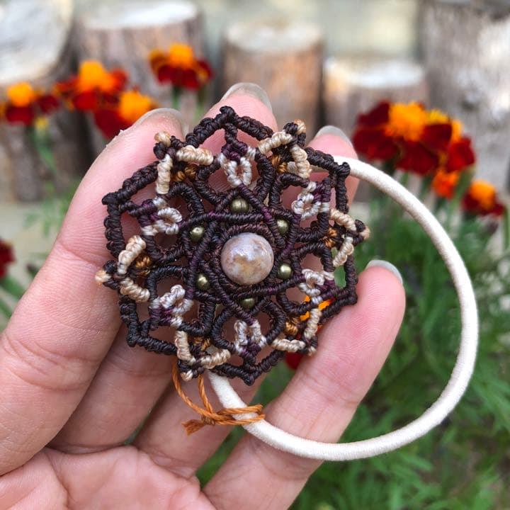 天然石【アゲート】六芒星の曼荼羅ヘアゴム ブラウン×ワインレッド×キャメル