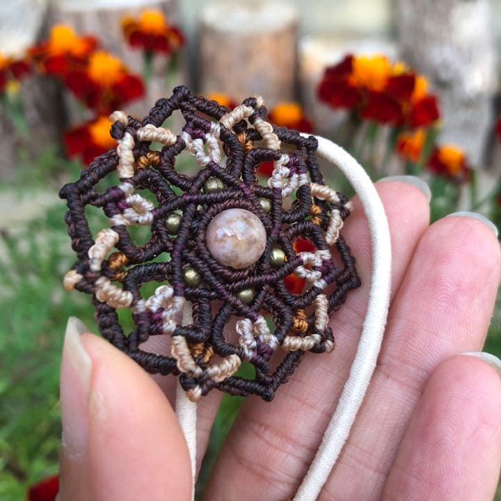 天然石【アゲート】六芒星の曼荼羅ヘアゴム ブラウン×ワインレッド×キャメル