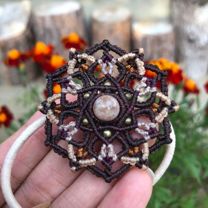 天然石【アゲート】六芒星の曼荼羅ヘアゴム ブラウン×ワインレッド×キャメル