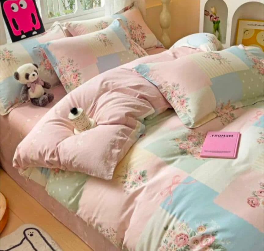 新品★パステル薔薇ブロック柄マーガレット綿100%シングルセット枕カバー２枚付き