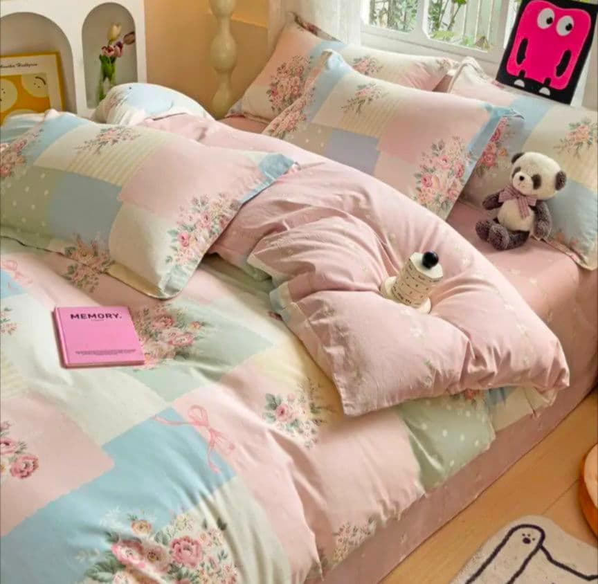 新品★パステル薔薇ブロック柄マーガレット綿100%シングルセット枕カバー２枚付き