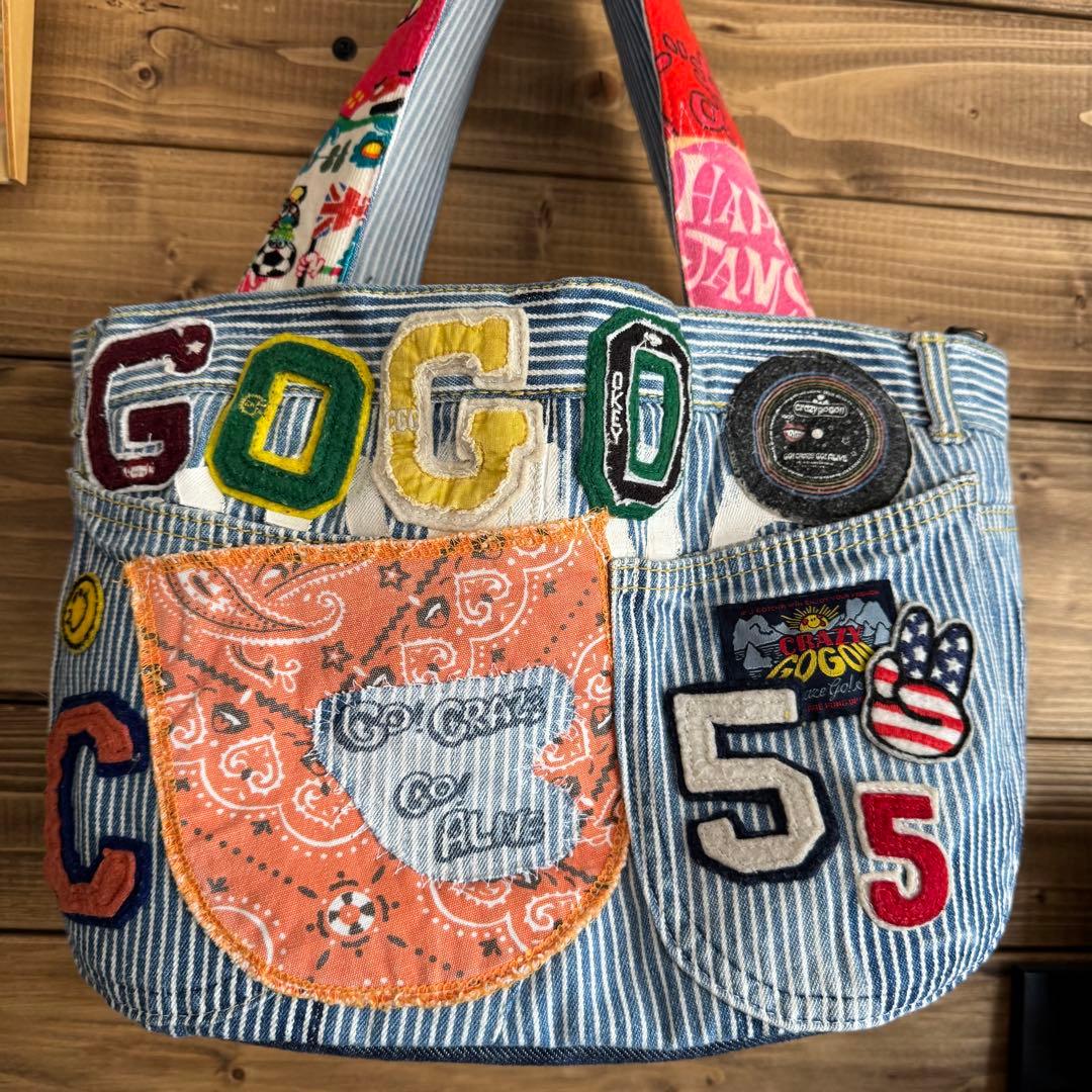 ハンドメイド デニムリメイク バッグ ヒッコリー 2way 60