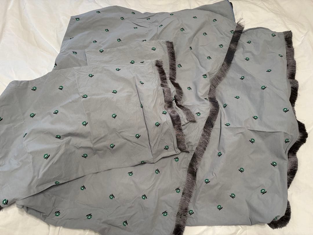 Casselini  フリンジ掛布団カバー 枕カバー グレー 刺繍 S