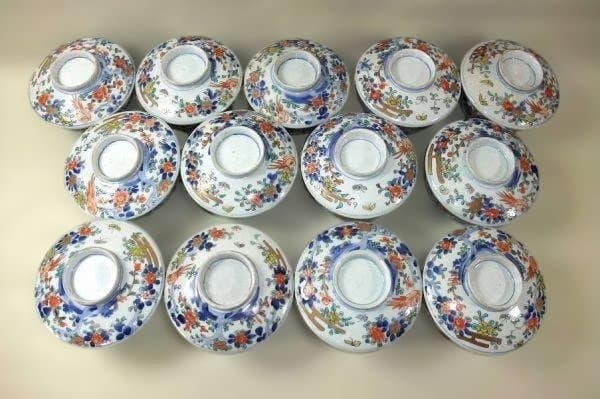 古い伊万里 花鳥文 蝶 錦絵 蓋付 蒸茶碗 13客 明治二十五年 染付 骨董