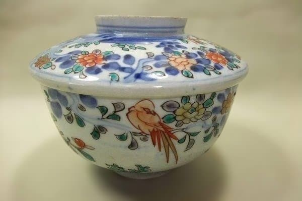 古い伊万里 花鳥文 蝶 錦絵 蓋付 蒸茶碗 13客 明治二十五年 染付 骨董
