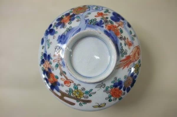 古い伊万里 花鳥文 蝶 錦絵 蓋付 蒸茶碗 13客 明治二十五年 染付 骨董