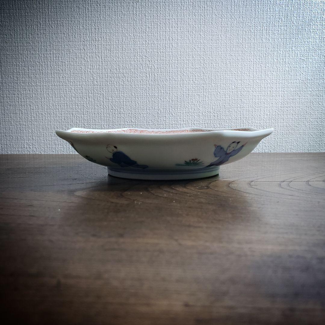 八角形　変形皿　無花果　色絵付　染付　中国童　柿右衛門様式　古伊万里　ロ号