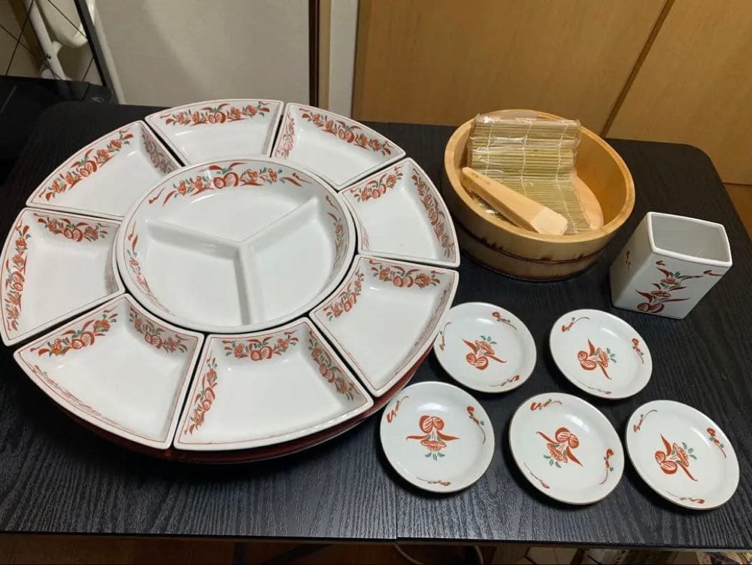 有田焼　林斎　万暦赤　回転オードブル 扇子皿　手巻き寿司