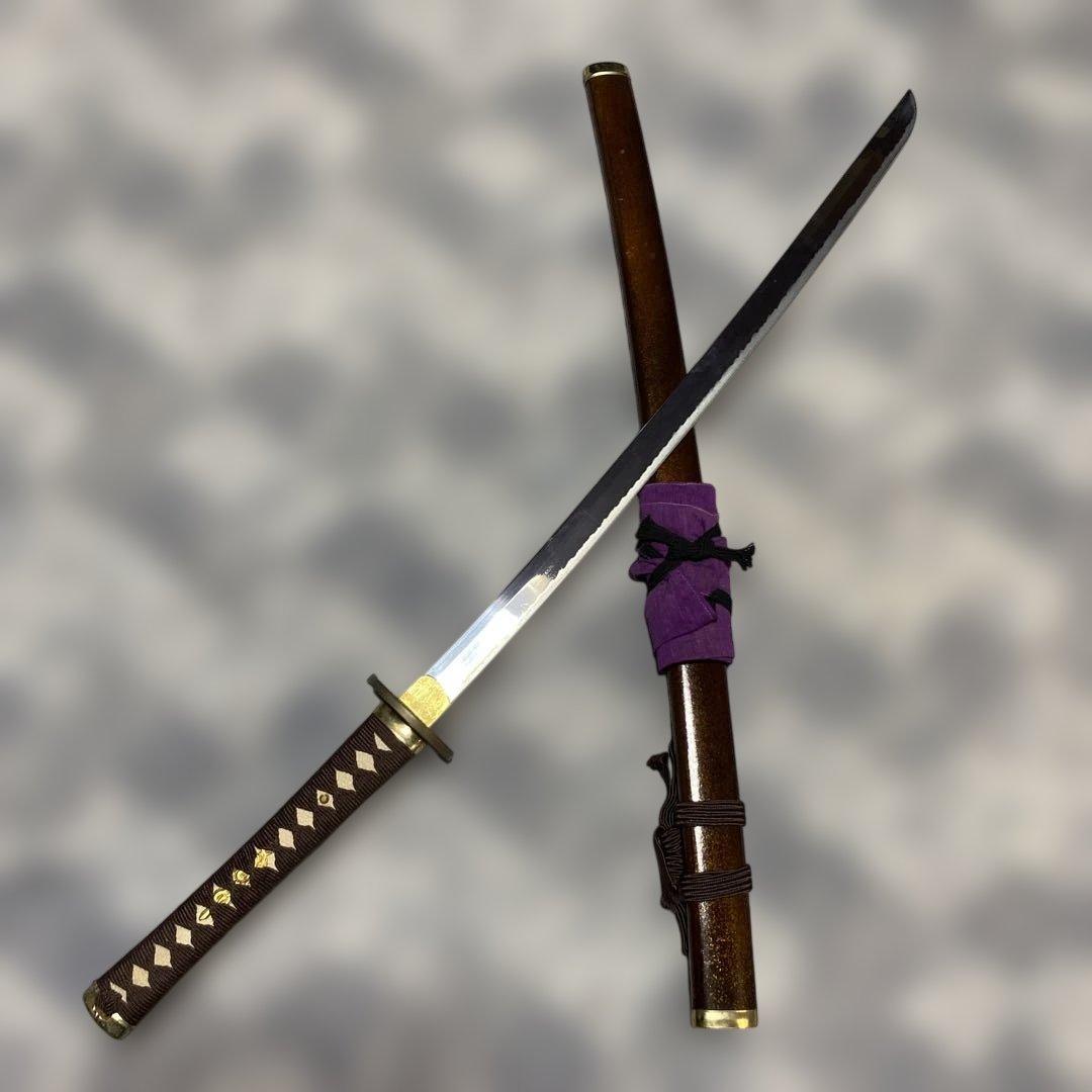 軽量模造刀(刀袋付) 茶柄 透し丸鍔 金口金尻梨地呂鞘