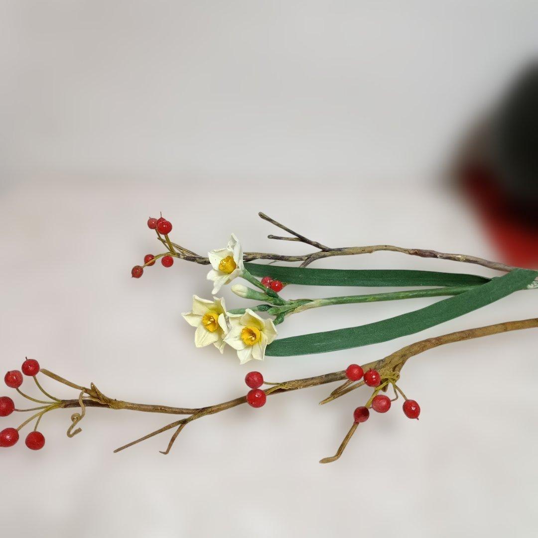 花器付きお正月アレンジメントお正月飾り　クレイフラワー　樹脂粘土