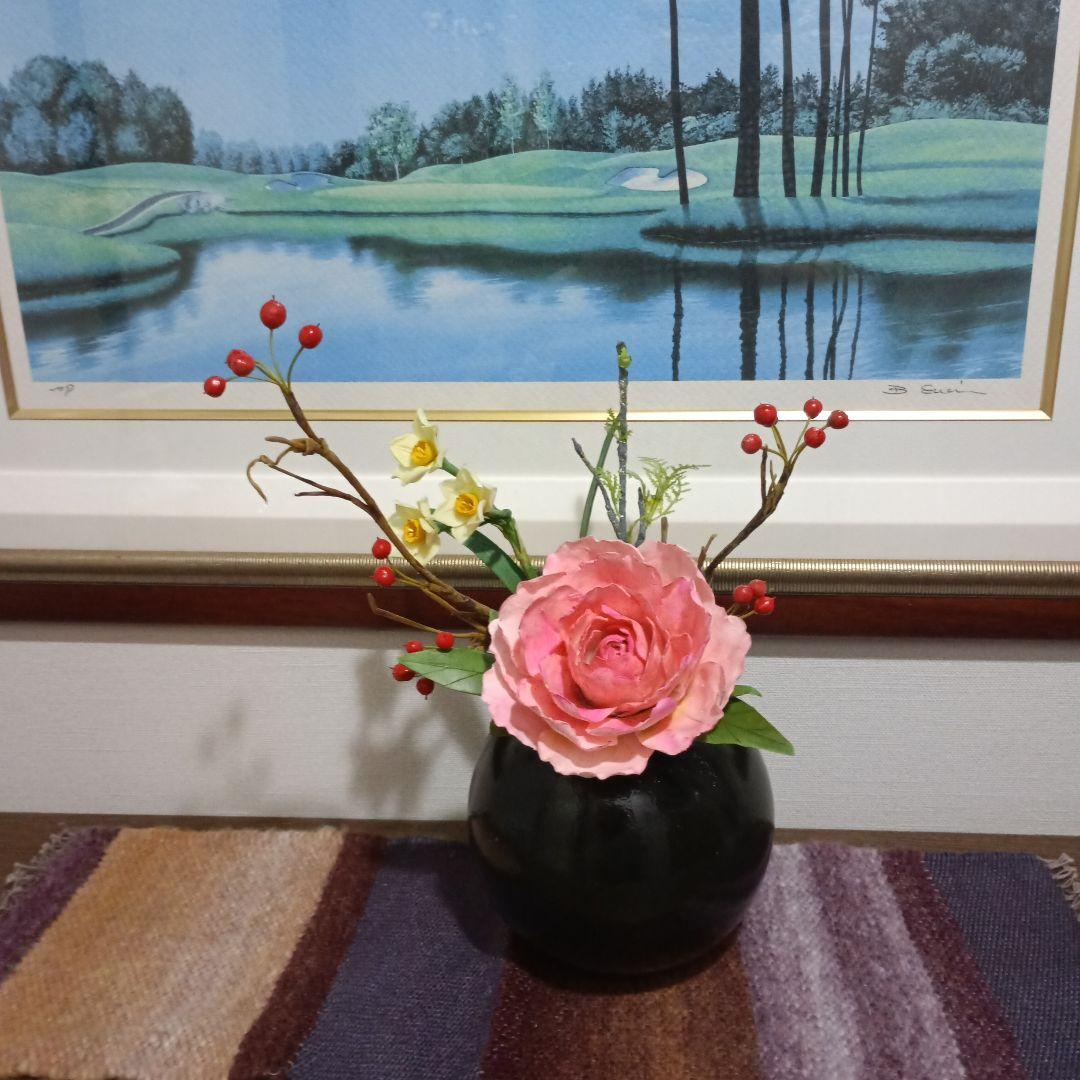 花器付きお正月アレンジメントお正月飾り　クレイフラワー　樹脂粘土