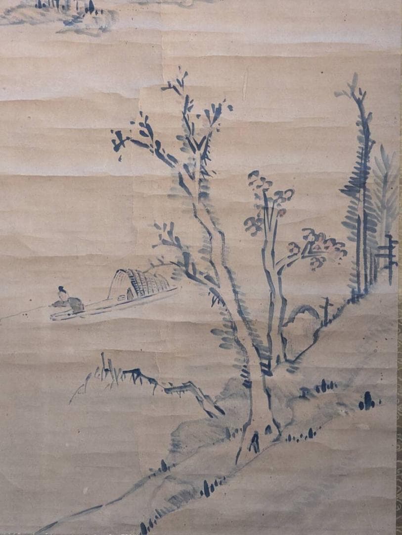 真作】掛軸　古雅なる山水人物画　橋を渡る旅人図　墨彩山水掛軸　U147