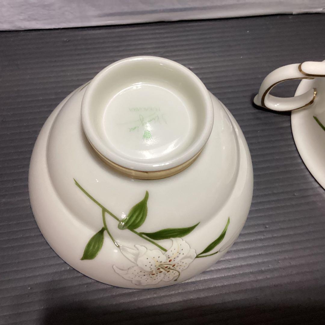 深川製磁　君島一郎　白百合、百合、カップ&ソーサー 、湯呑み茶碗&茶托　小皿