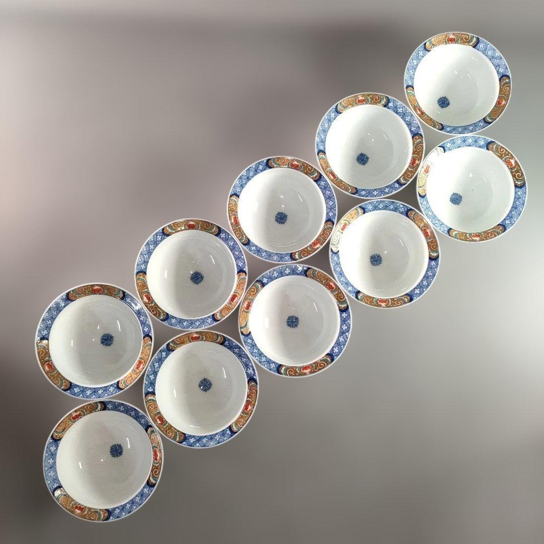 A1342-1/有田焼/幸右衛門窯/染錦金彩色絵花草文茶碗10客/飯碗/懐石道具