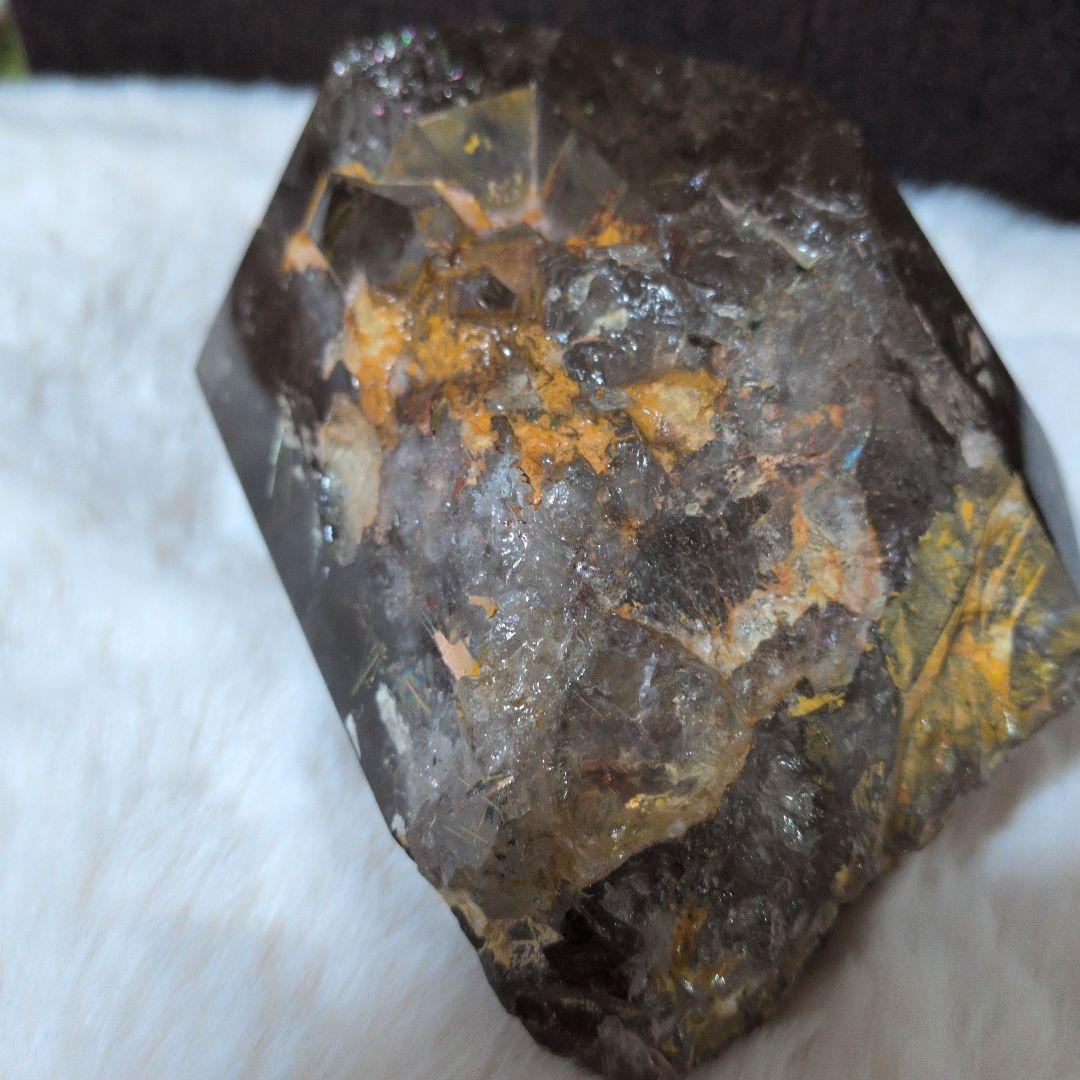 スモーキークォーツ ポイント型 置物 木製台座付き