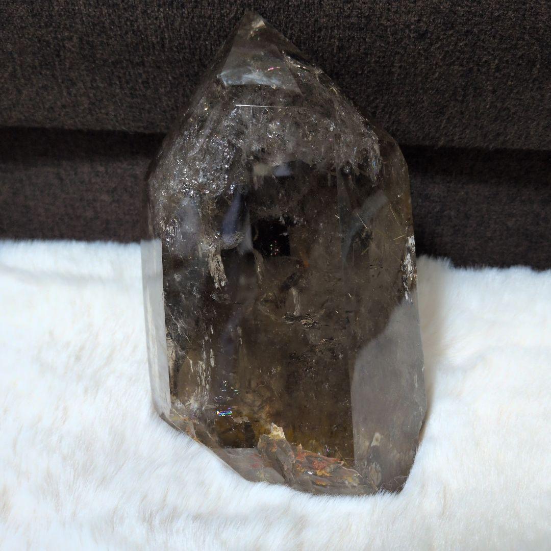 スモーキークォーツ ポイント型 置物 木製台座付き