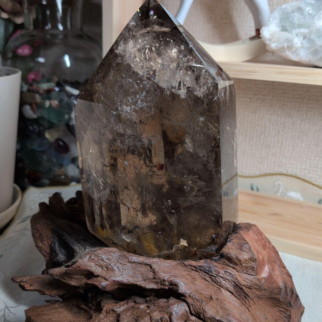 スモーキークォーツ ポイント型 置物 木製台座付き
