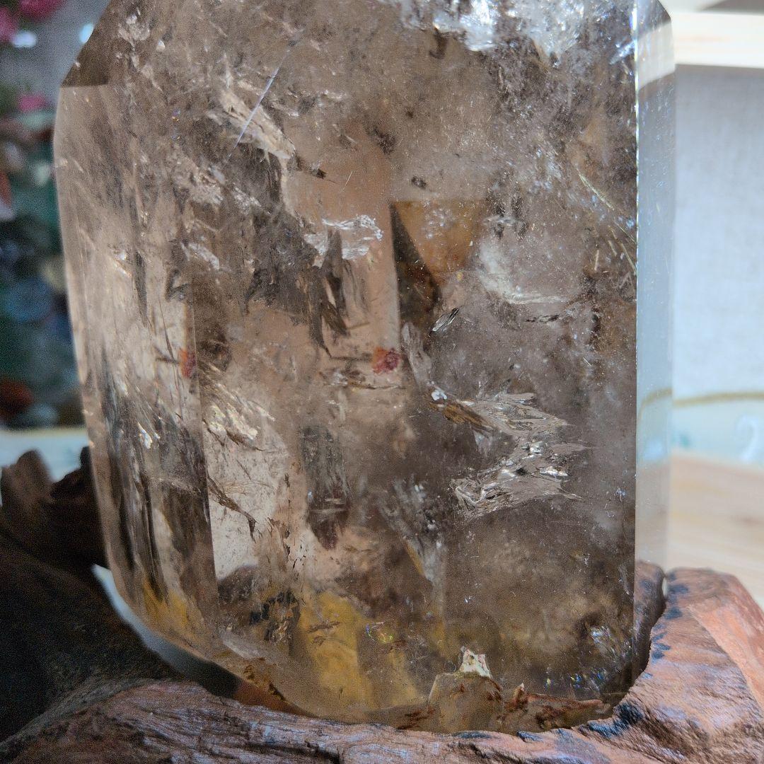 スモーキークォーツ ポイント型 置物 木製台座付き