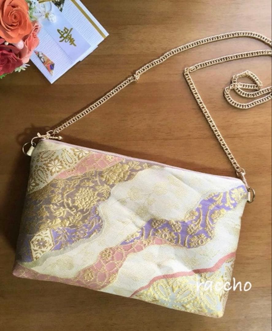 帯リメイク ゴールド花唐草 クラッチバッグ