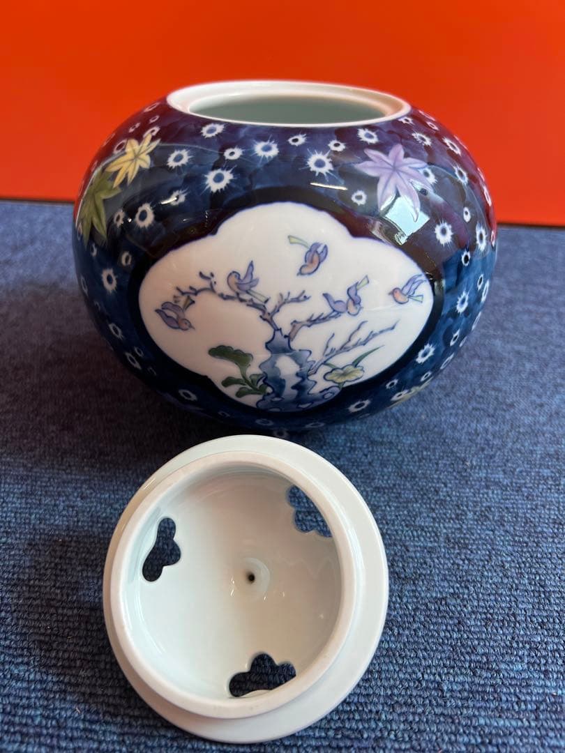 1066 有田焼　色絵花鳥　香炉　未使用