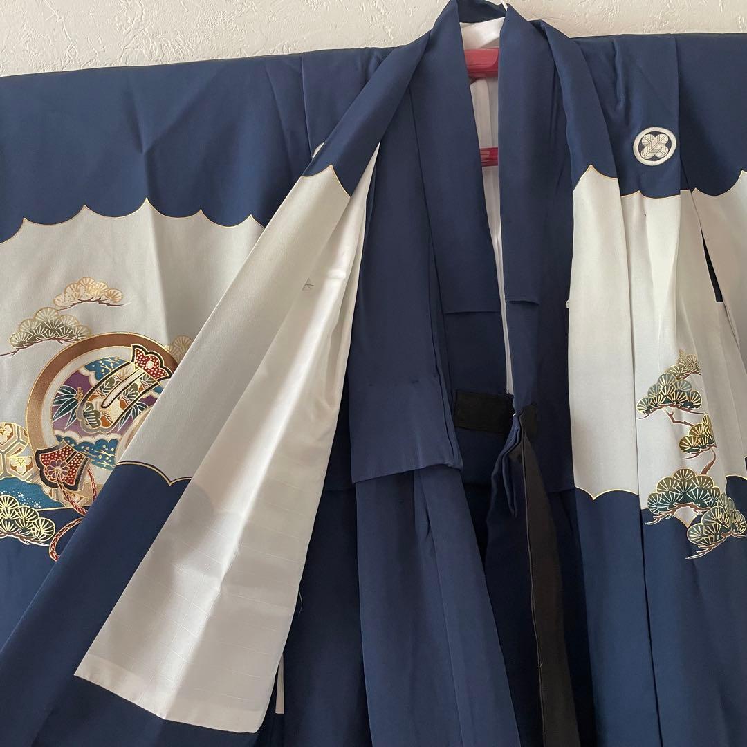 七五三　5歳　正絹　羽織　袴セット　ネイビーコーデ