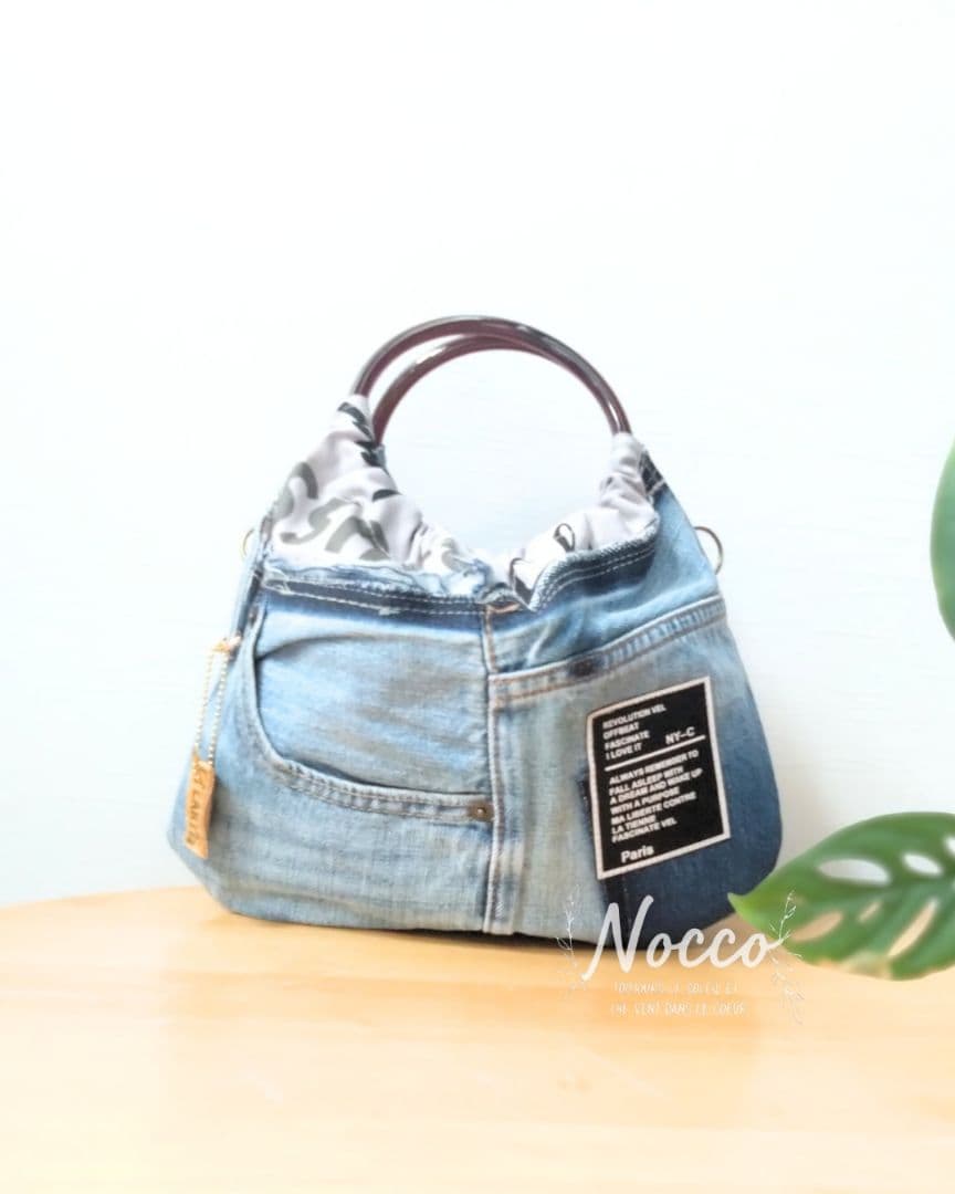 №849【DENIM✖️リングハンドルバッグ⚮̈】デニムリメイクバッグ