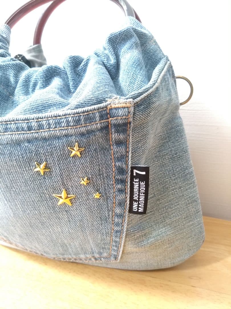 №849【DENIM✖️リングハンドルバッグ⚮̈】デニムリメイクバッグ