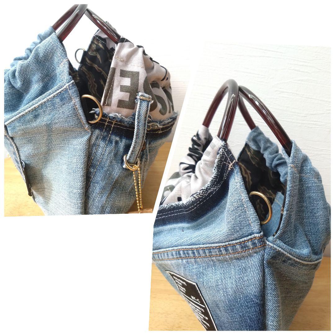 №849【DENIM✖️リングハンドルバッグ⚮̈】デニムリメイクバッグ