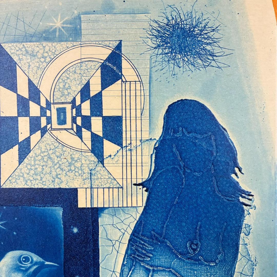 美品 深沢幸雄「女性と鳥」銅版画 彩色 1975年作 直筆サイン入り 額縁入り