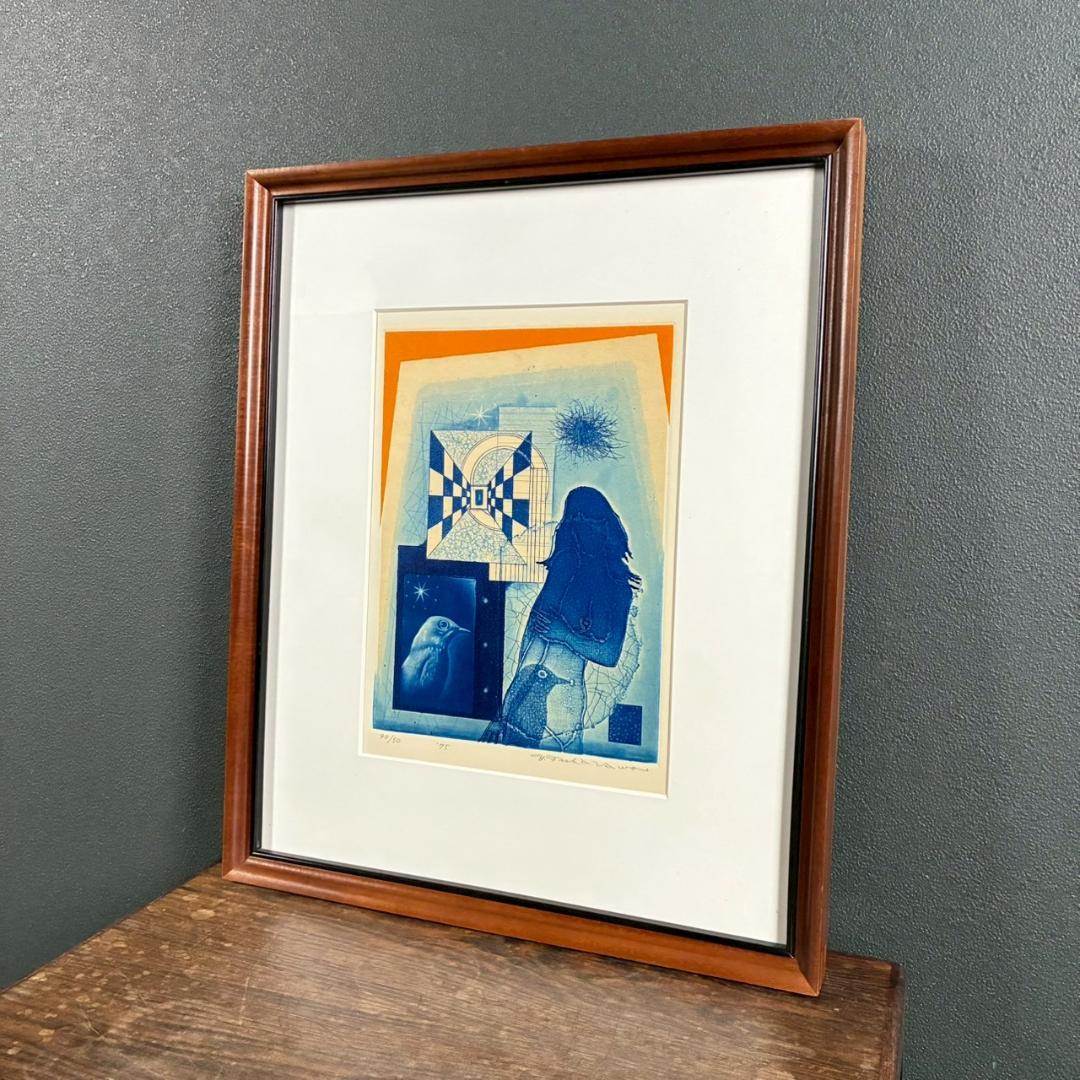 美品 深沢幸雄「女性と鳥」銅版画 彩色 1975年作 直筆サイン入り 額縁入り