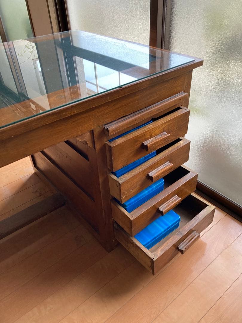 ヴィンテージ木製デスク(ガラス天板)【W122xH70xD76cm】★3月末まで