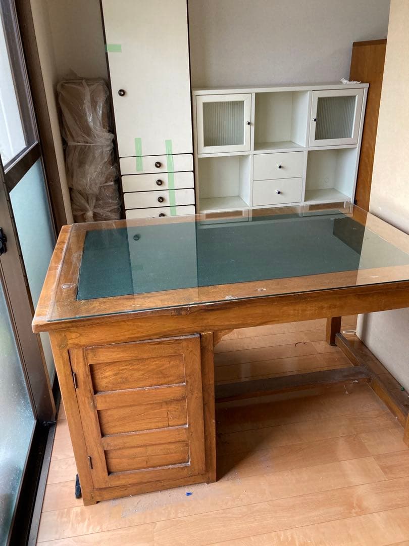 ヴィンテージ木製デスク(ガラス天板)【W122xH70xD76cm】★3月末まで